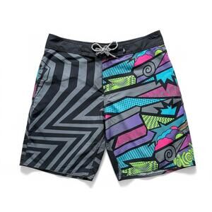 Volcom Graphic Board Shorts Size 38 Neon Surf Skate Y2K Streetwear Swim